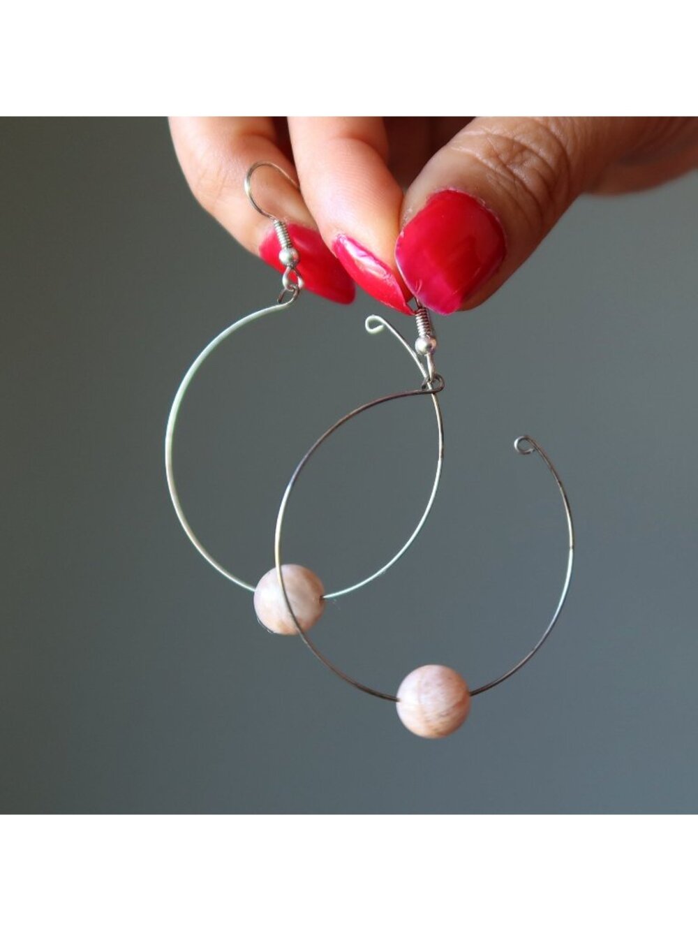 Peach Moonstone Earrings Timeless Gemstone Half Hoops Silver Steel